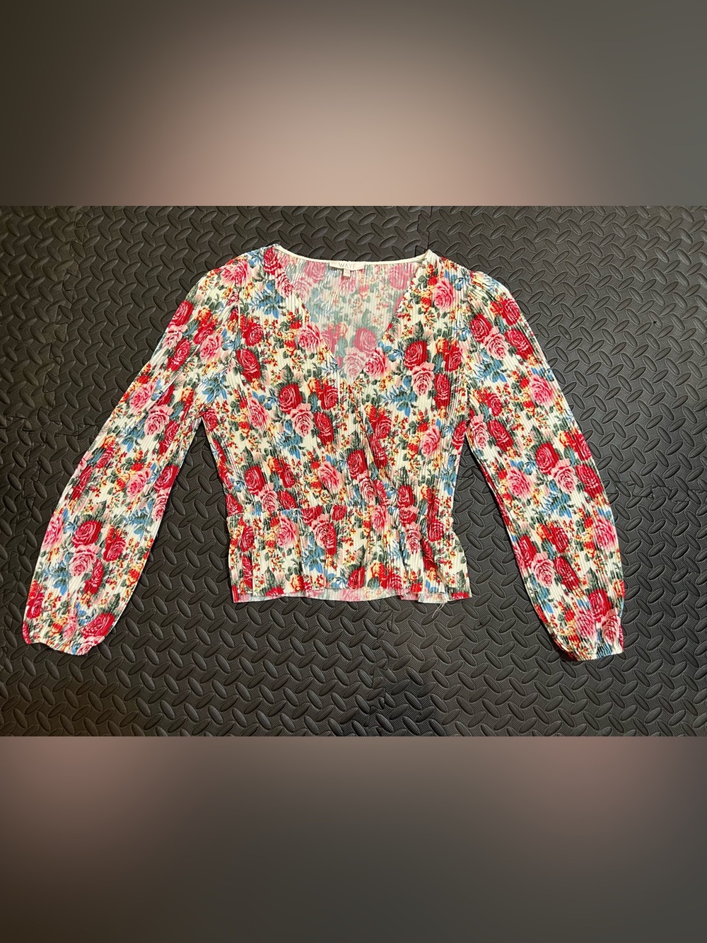 Wayf White Pink Red Floral Pleated Wrap-Style Blouse